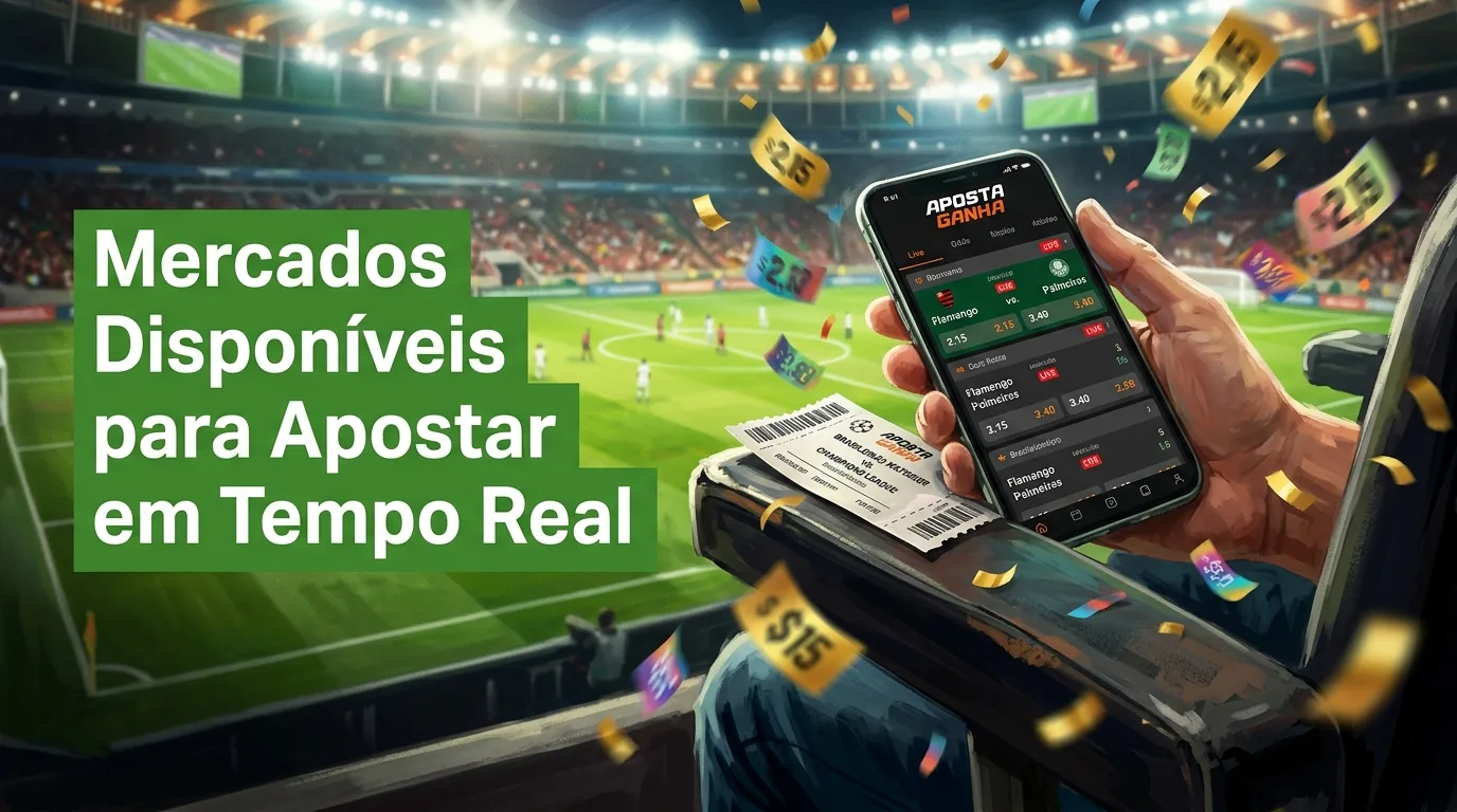 Mercados de apostas em tempo real na tela do celular. Live betting em estádio. Odds em mudança.