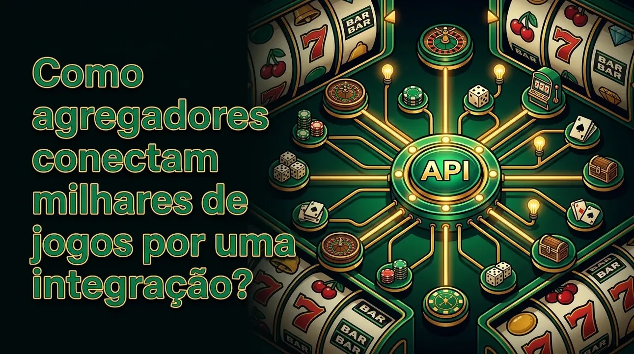Representação visual de agregadores conectando diversos jogos de cassino através de uma única integração.
