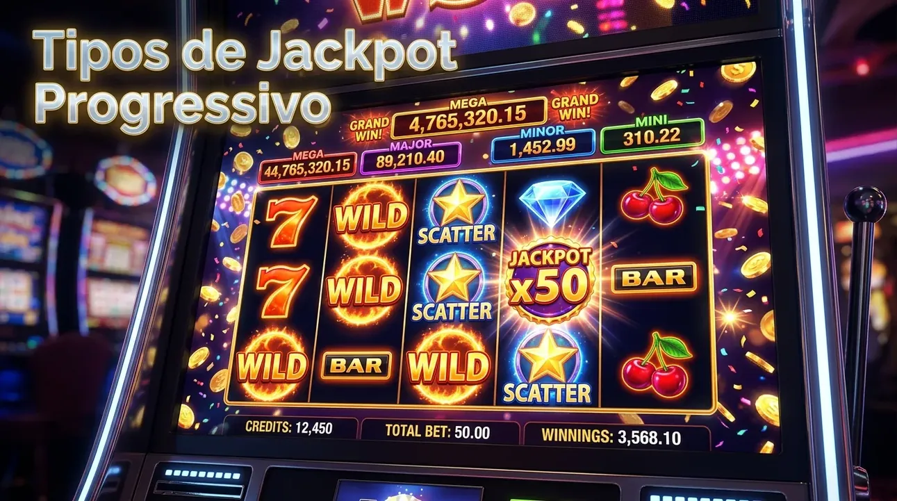Tela de slot exibindo símbolos de vários jackpots progressivos
